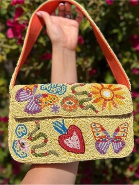 NWT America and & Beyond Flaming Heart Butterfly Snake Sun Evil Eye Beaded Bag